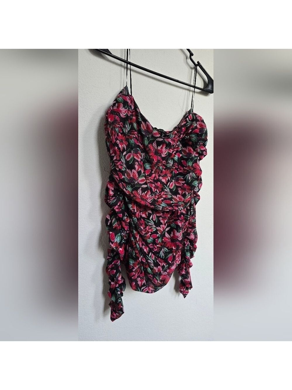 Guess Florencia Pink Floral Ruched Off Shoulder Top Medium - Picture 8 of 9